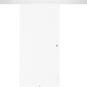 Holzschiebetür-Set Margalida, weiße Schiebetür mit silbernem Griff und Aluminium-Schiene.