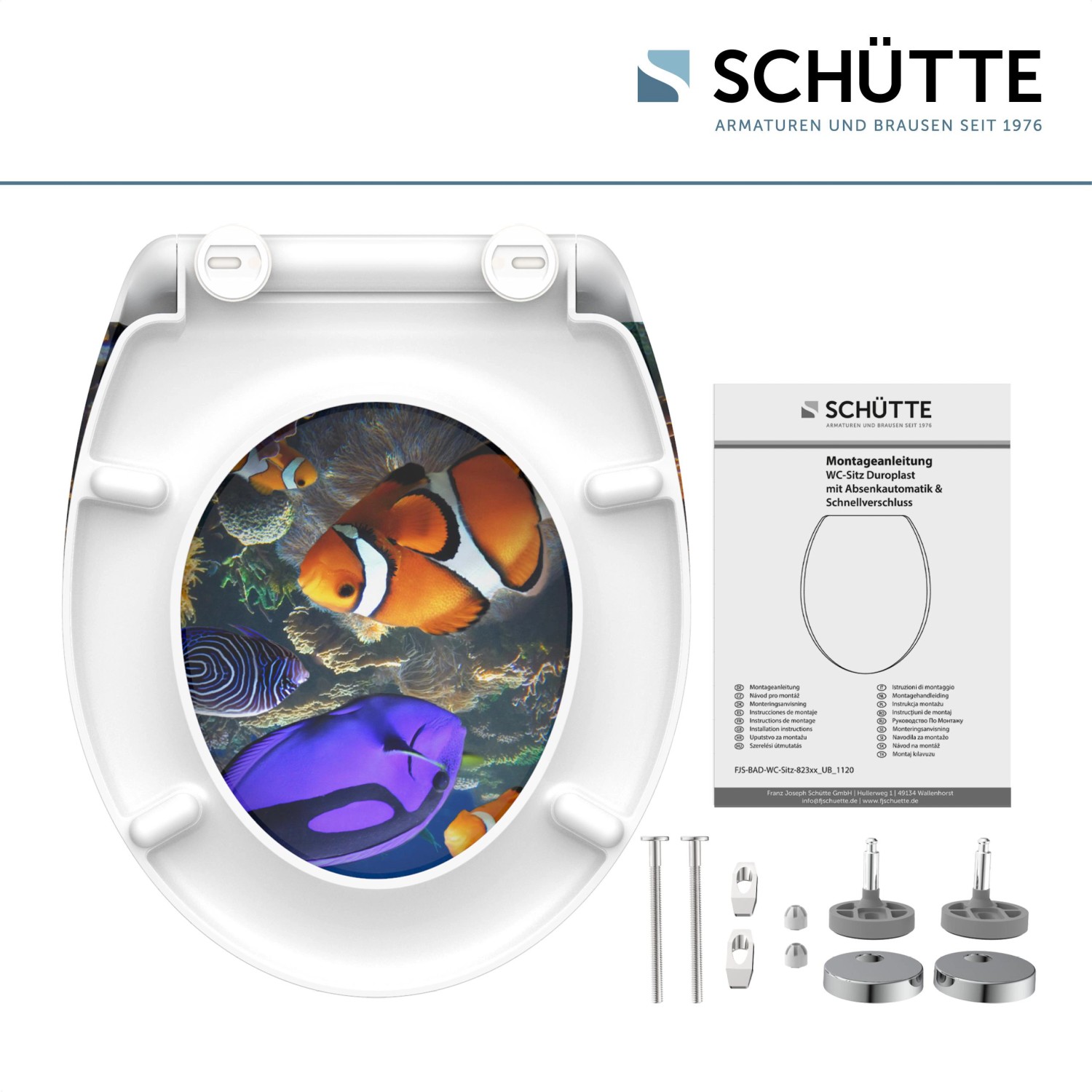 Schütte WC-Sitz Sea Life mit Absenkautomatik und Schnellverschluss, Motiv Meerestiere.