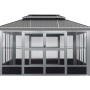 Schwarzer Sojag Pavillon Olan 1014 mit Doppeldach, Schiebetüren und Moskitonetzen.