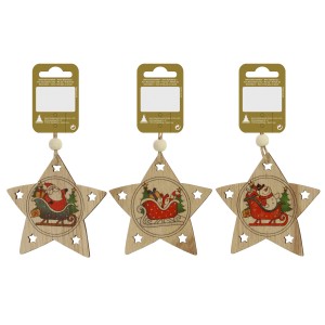 Holzstern Anhänger mit Weihnachtsmotiven (3-fach sortiert), 8 cm, für den Weihnachtsbaum.