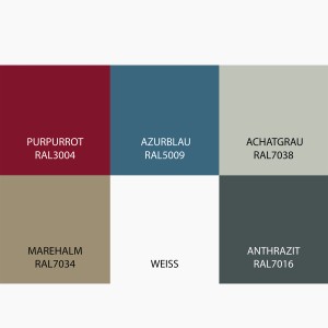 Farbauswahl Bondex Wetterschutz-Farbe: Purpurrot, Azurblau, Achatgrau, Marehalm, Weiß und Anthrazit.