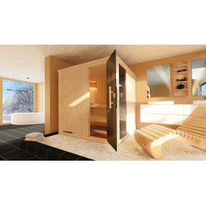 Weka Elementsauna Halmstad 2 Sparset mit Glastür und Fenster in modernem Badezimmer.