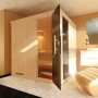 Weka Elementsauna Halmstad 2 Sparset mit Glastür und Fenster in modernem Badezimmer.