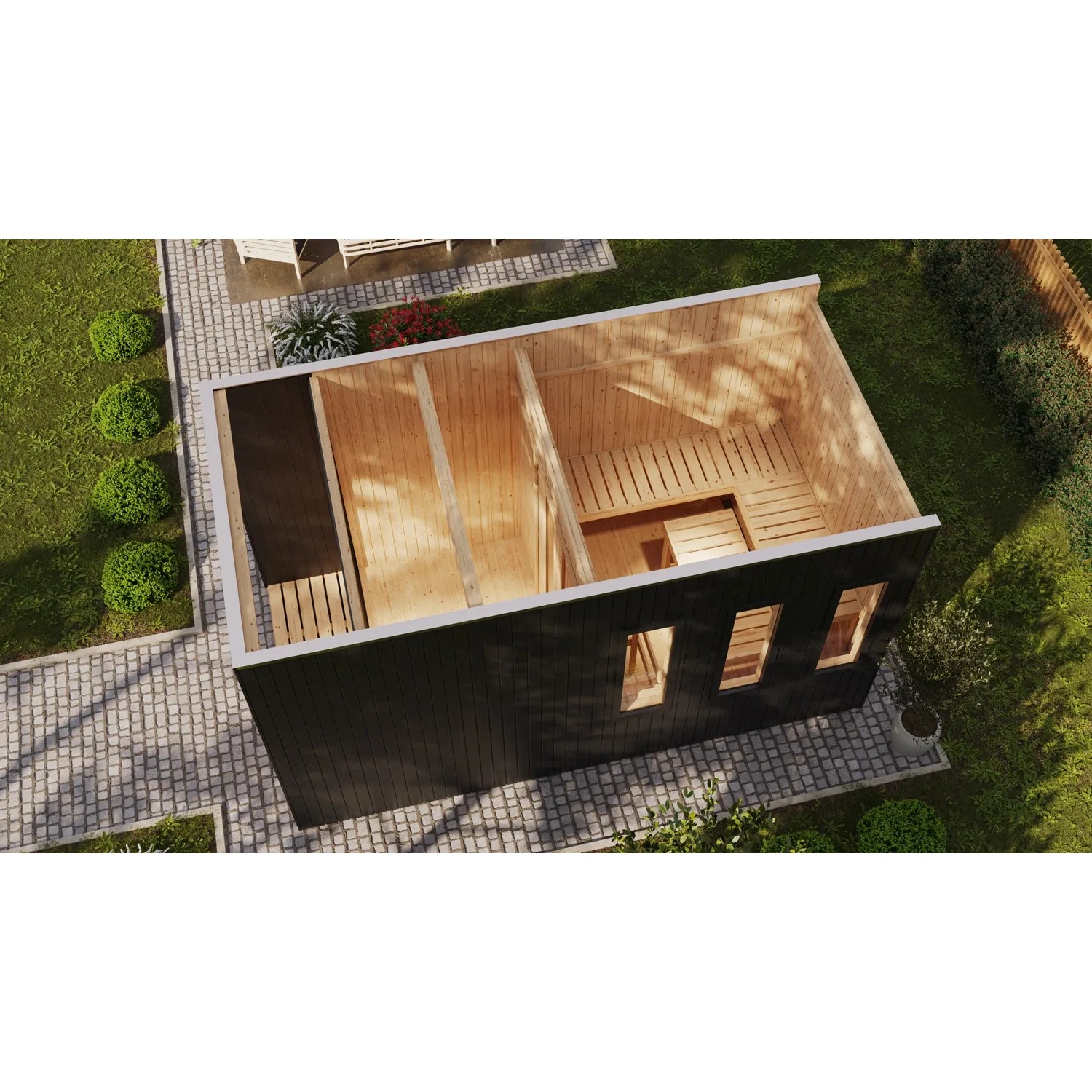 Karibu Saunahaus Cancun Schwarz, Ansicht von oben: Schwarze Blockbohlen, helle Innenausstattung mit Bänken.