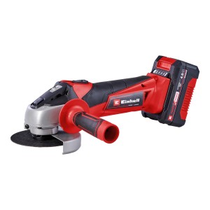 Einhell Akku-Winkelschleifer TC-AG 18/115 mit Akku und Ladegerät. Rotes Gehäuse mit Zusatzhandgriff.
