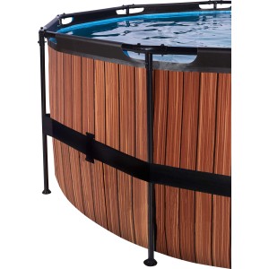 Detailansicht: Runder EXIT Wood Pool ø 488 cm mit Holzoptik und Stahlrahmen.