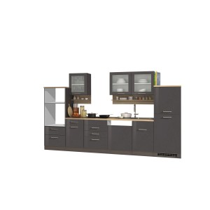 Moderne graue Küchenzeile Mailand, 340 cm, mit Hochglanz- und Matt-Fronten, ohne Elektrogeräte.