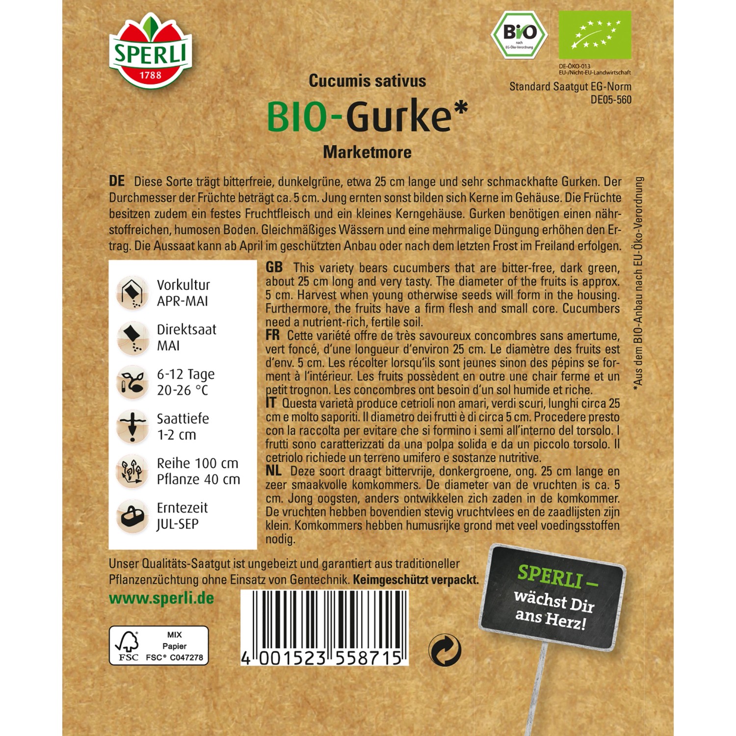 Sperli Gurke Marketmore Samen: Bitterfreie, dunkelgrüne Gurken für den Anbau im Garten.