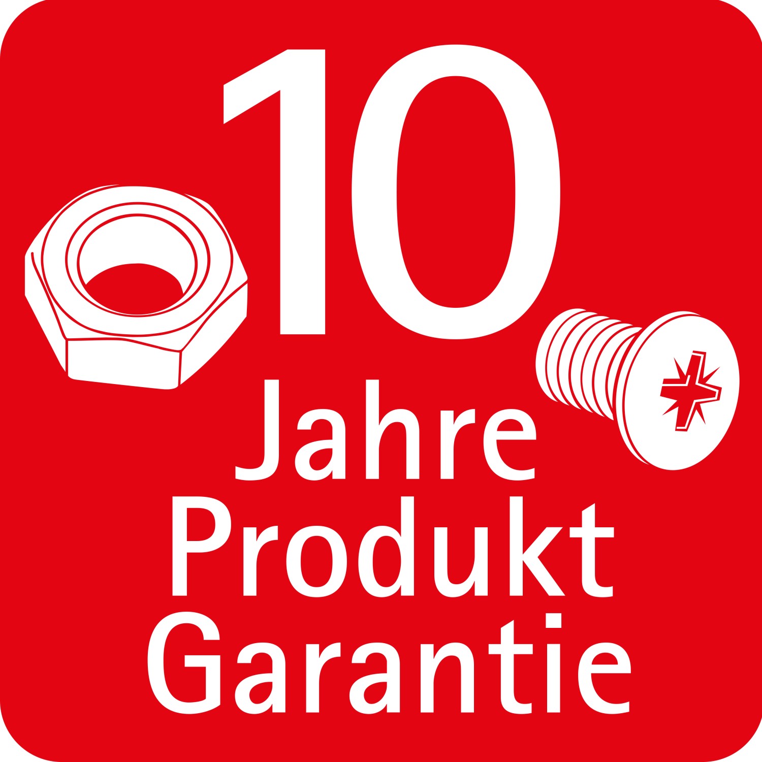 10 Jahre Produktgarantie für Schulte ExpressPlus Duschsysteme, Schraube und Mutter auf rotem Grund.