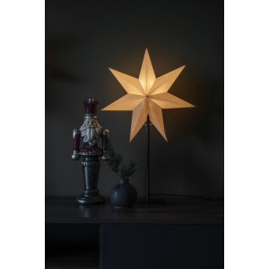 Beiger Papier-Stern, stehend, beleuchtet, als Innen-Weihnachtsfigur. Warme LED-Beleuchtung für festlichen Glanz.
