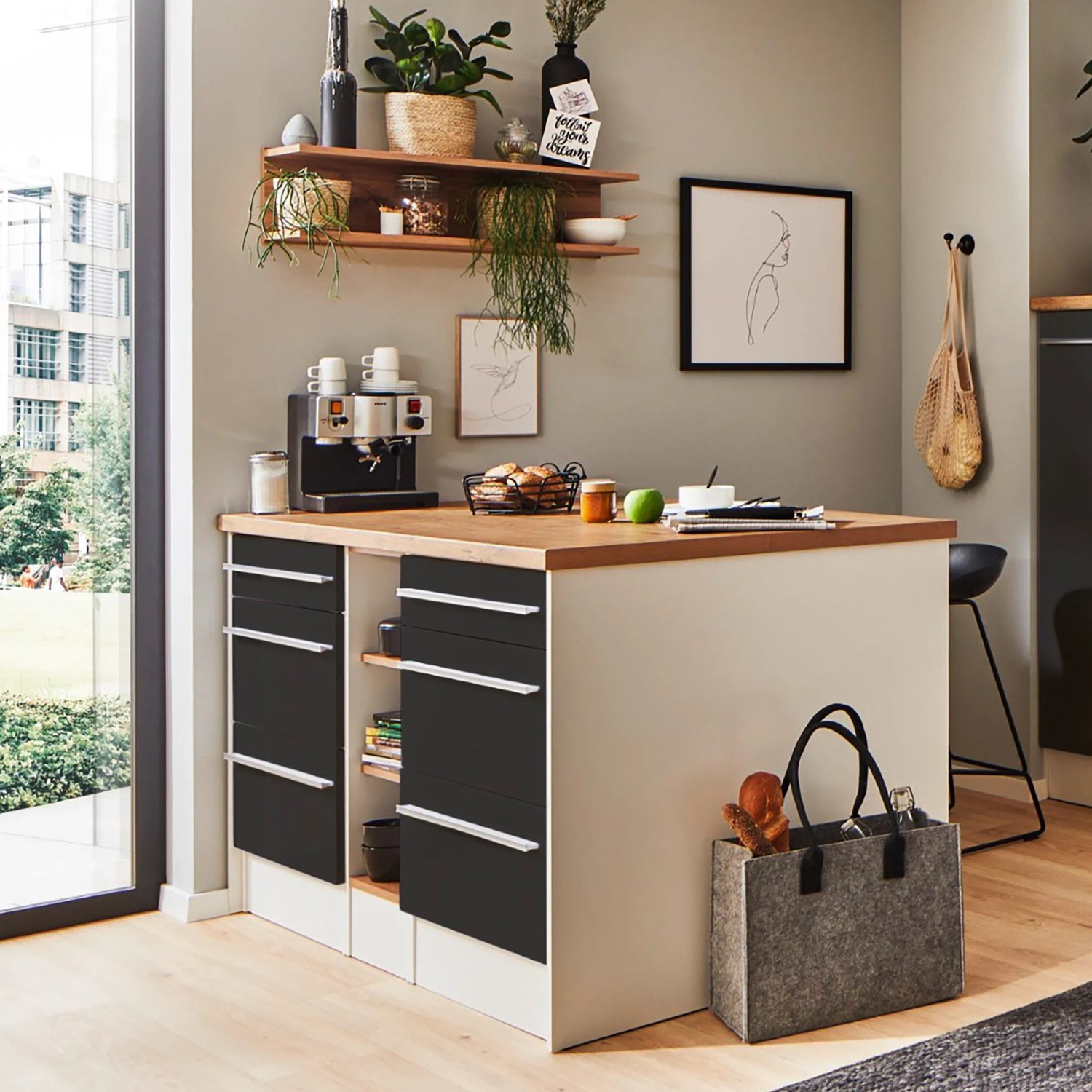 Respekta Kücheninsel Gabriel, 150 cm, grau hochglanz, ohne E-Geräte. Kücheninsel mit Schubladen und Regalen.