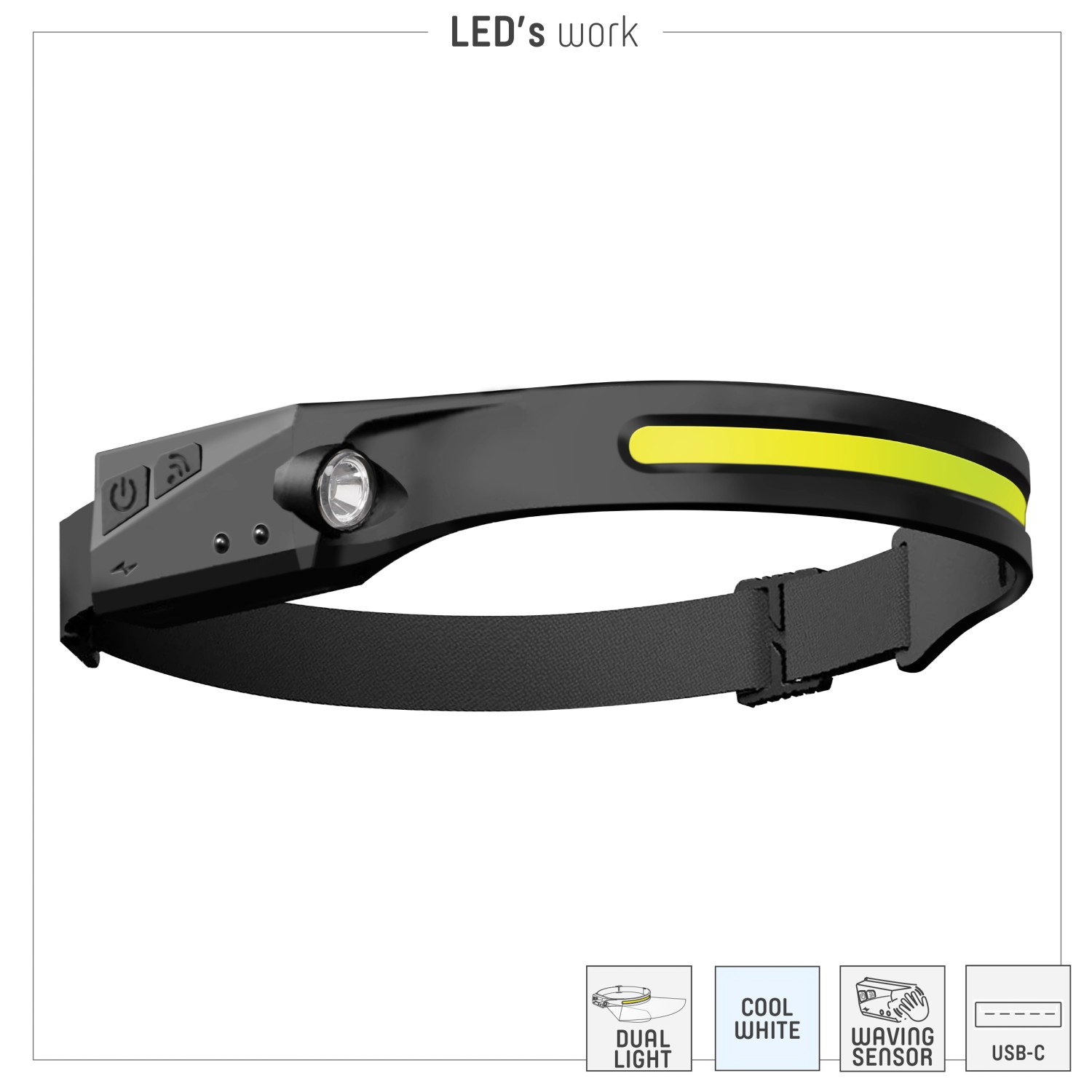 LED Akku-Stirnlampe mit Gestensteuerung, 300lm, 7000K, IPX4, dimmbar. Ideal für Outdoor & Werkstatt.