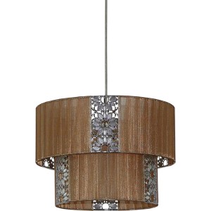 Cappuccino-farbene Näve Pendelleuchte Dandy mit Stoffschirm und floralen Metallelementen.