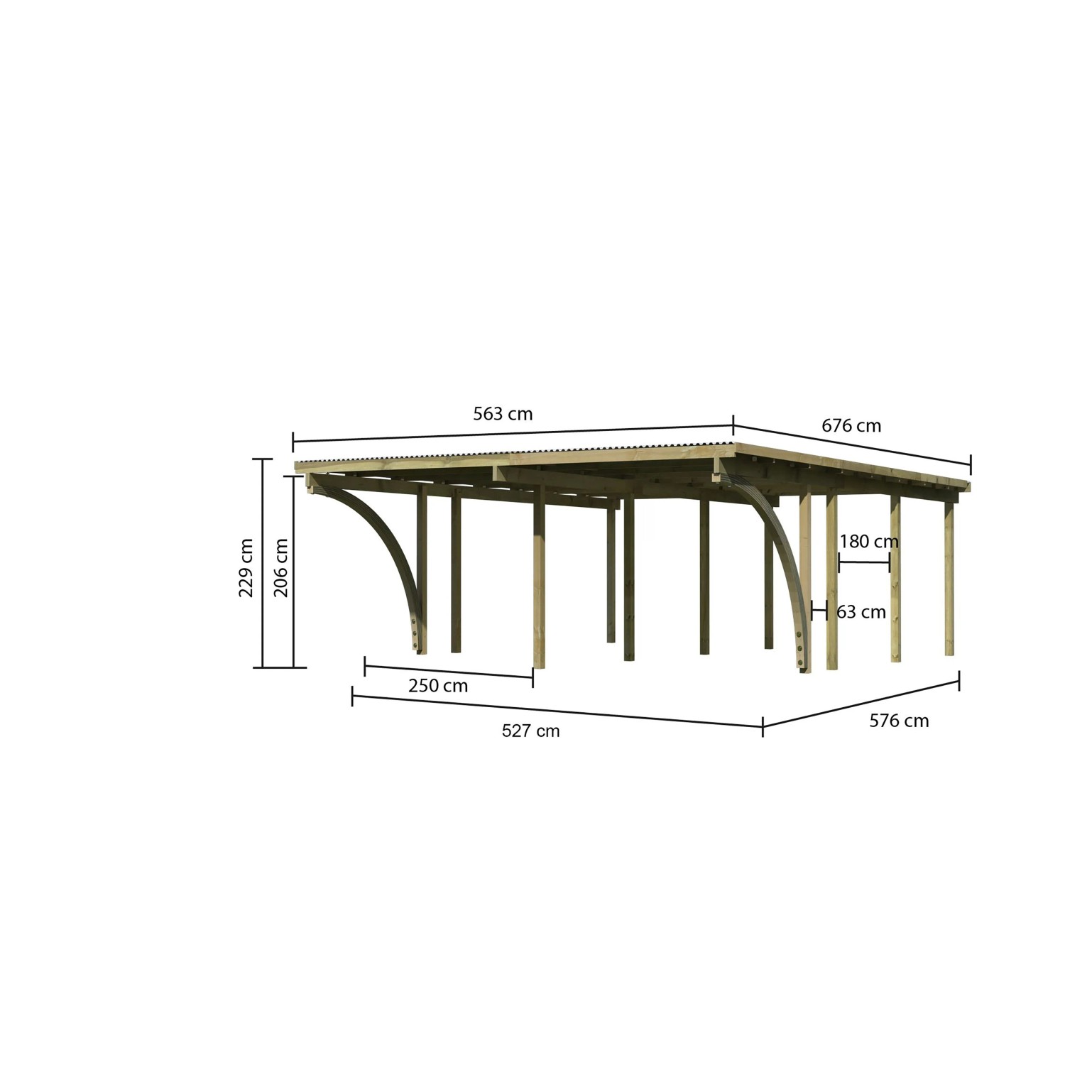 Karibu Doppelcarport Eco mit Maßangaben. Holzkonstruktion mit PVC-Dachplatten.