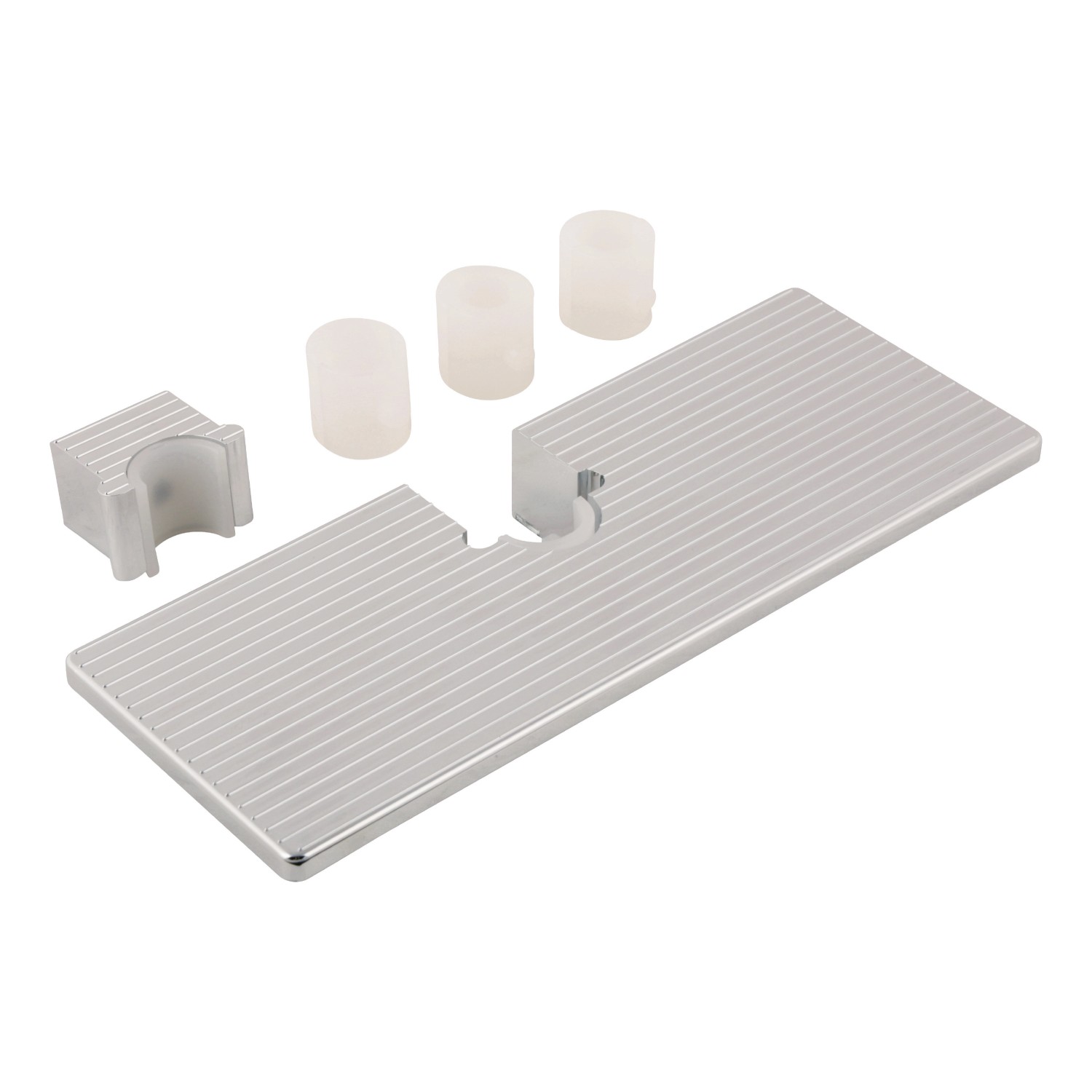 aquaSu Ablage Mila für Duschstange, chromfarbene Duschablage mit Einsätzen für verschiedene Stangendurchmesser.