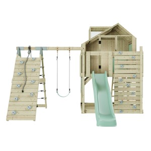PolarPlay Kinderschaukel Anika mintgrün mit Rutsche, Kletterwand und Spielhaus aus Holz.