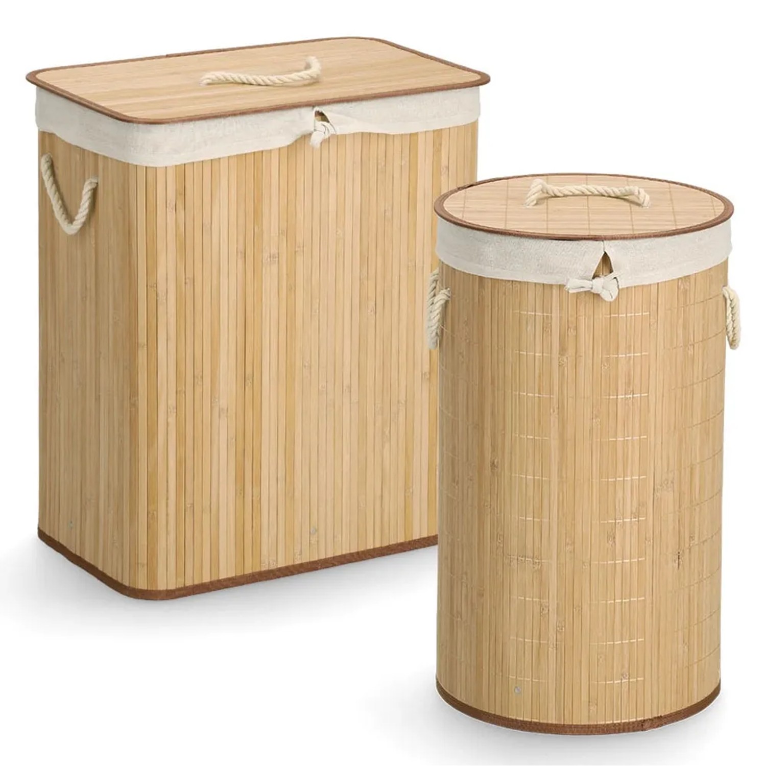 Zwei Wäschekörbe von Zeller Present aus Bambus, eckig und rund, mit Deckel und Tragegriffen.
