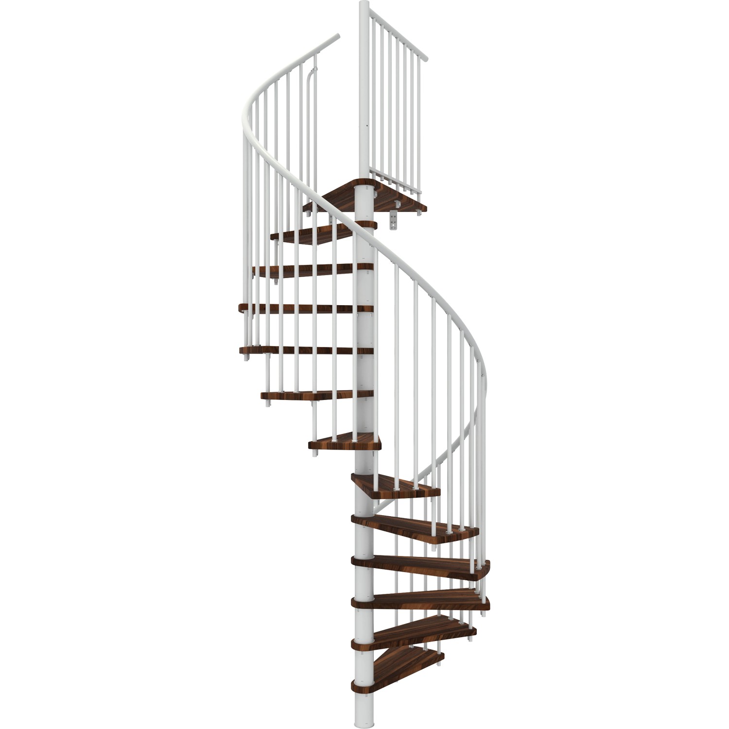 Minka Spindeltreppe Spiral Smart, Walnussfarbene Holzstufen, weißes Metallgeländer.