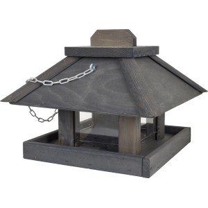 Graues Vogelfutterhaus aus Kiefernholz mit Acrylglas und Metallkette zum Aufhängen.