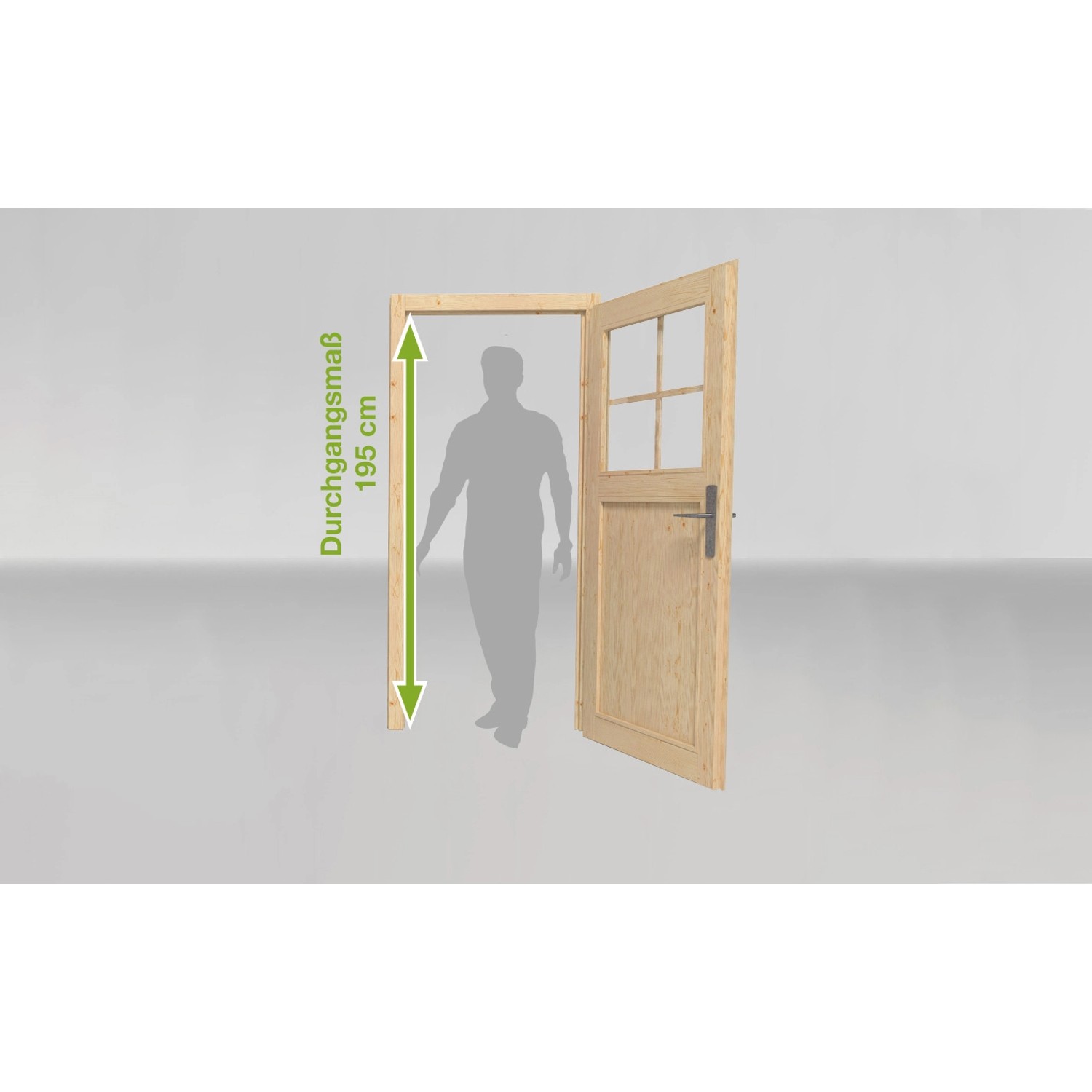 Detailaufnahme der Türöffnung des Weka Holz-Gartenhauses, die die Durchgangshöhe von 195 cm zeigt.