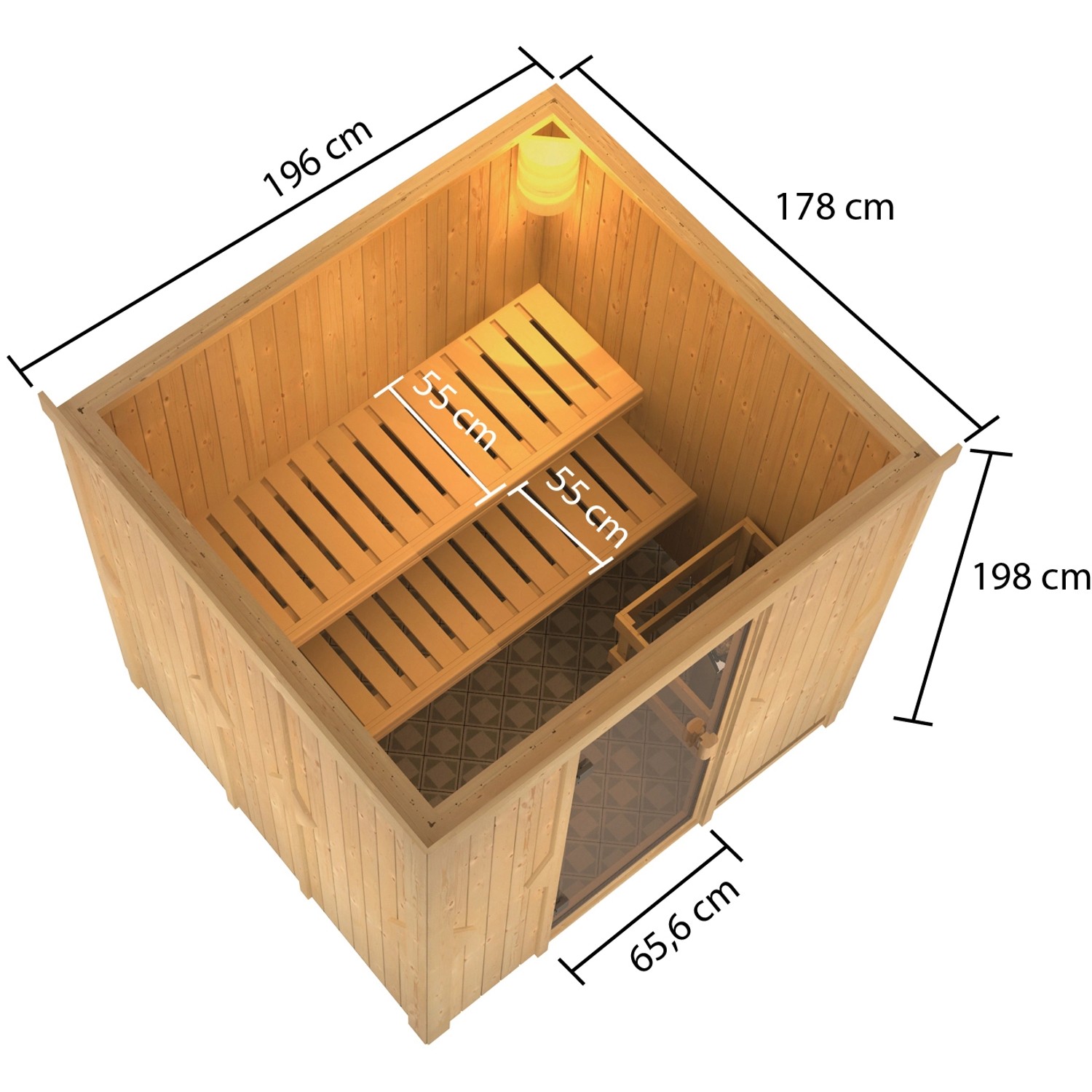 Woodfeeling Sauna Tromsö mit Ofen, bronzierter Glastür und zwei Saunabänken, Ansicht von oben.