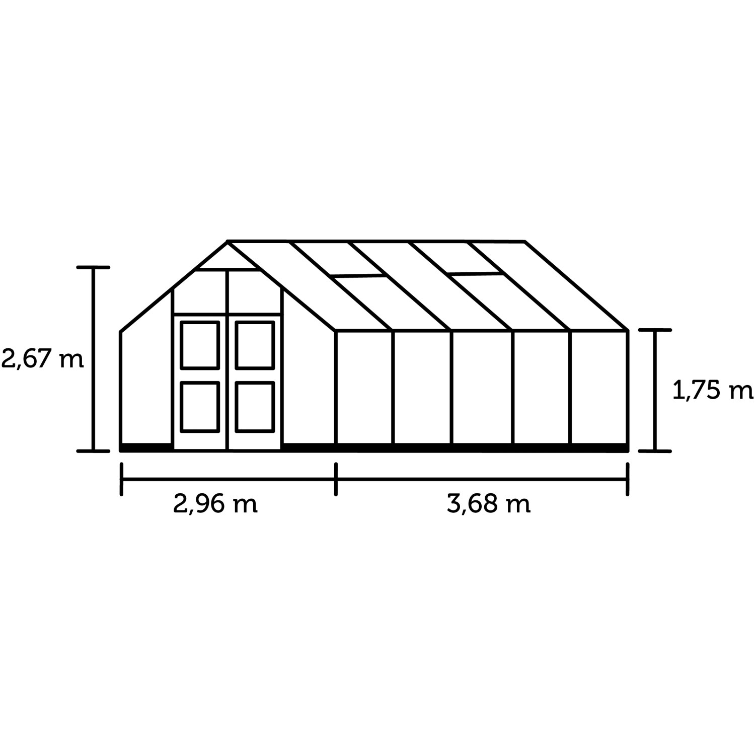 Skizze Juliana Gewächshaus Premium 10 Alu mit Maßangaben zu Höhe, Breite und Tiefe.