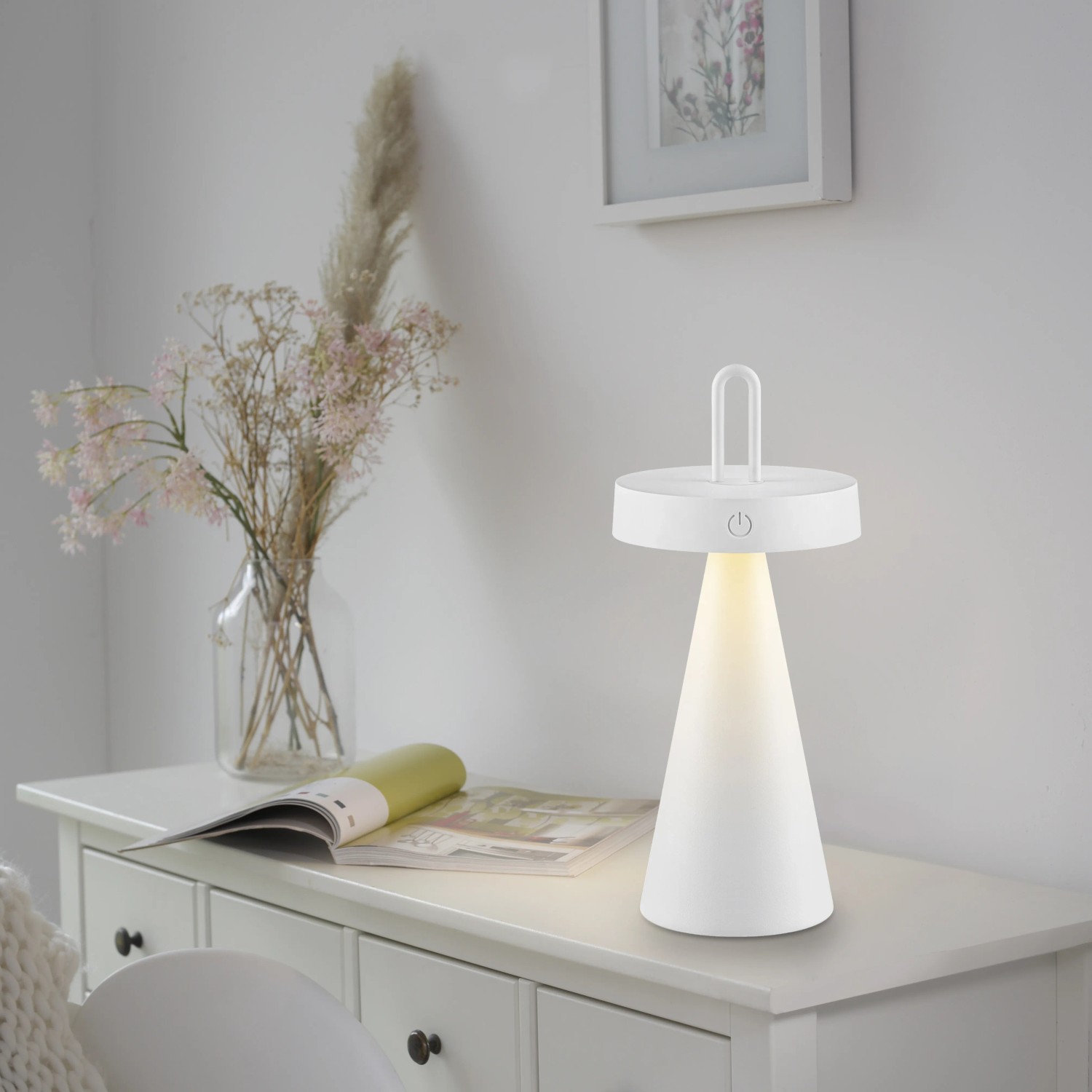 Weiße LED-Akku-Tischleuchte Alwa, 28,9 cm, dimmbar, für Innen & Außen. Dekoleuchte für stimmungsvolles Licht.