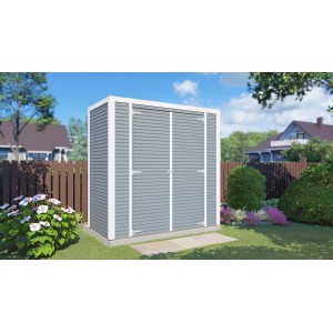 Graues Bertilo Holz-Gartenhaus Box 1 mit Doppeltür und Rhombusprofil im Garten.