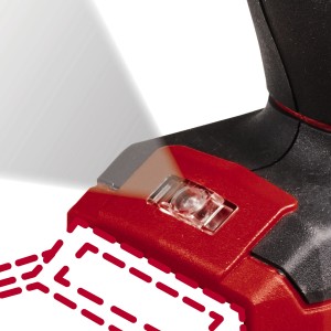 Detailaufnahme der Einhell Akku-Luftpumpe CE-AP 18 Li-Solo mit eingeschalteter LED-Leuchte.