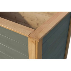 Detailansicht des Weka Hochbeet Killarney in Grau-Grün/Eiche, Fokus auf Ecke und Holzstruktur.
