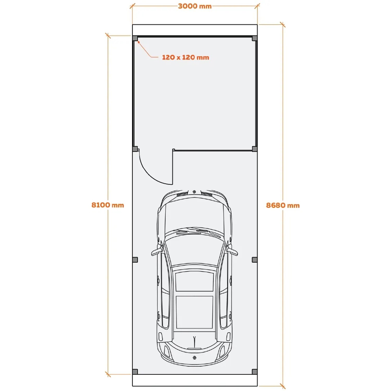 Grundriss Carport Ralf mit Geräteraum: Abmessungen und Aufteilung des Holzcarports.