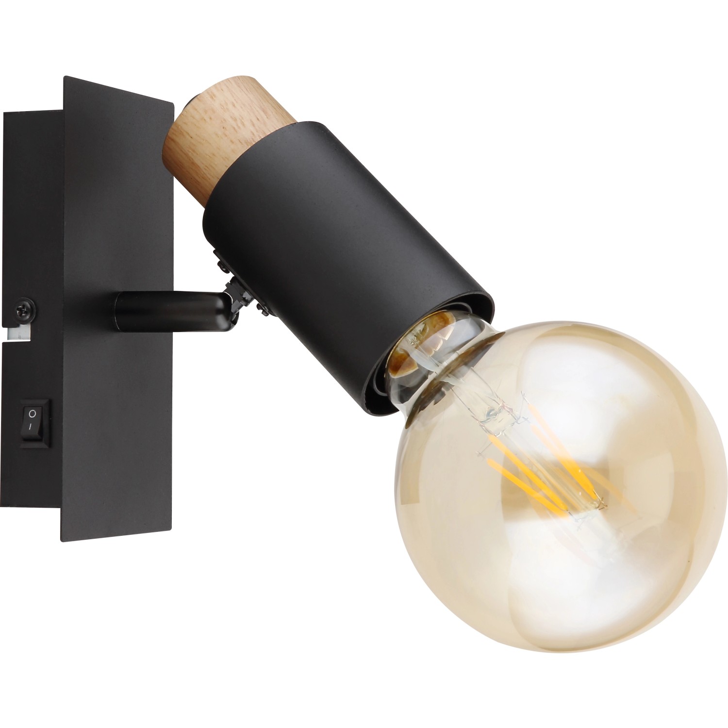 Schwarzer Globo Strahler Matti mit Holzapplikation, 1-flammig, für E27 Leuchtmittel.