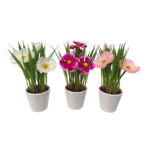 Boltze Kunstpflanzen, 3 Topfpflanzen mit Blumen in Weiß, Pink und Lila im Farbmix.