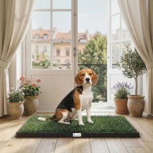 Beagle sitzt auf PawHut Hundetoilette mit Kunstrasenmatte, schwarzem Kunststoff, im Innenbereich. Für Welpen & Balkon.