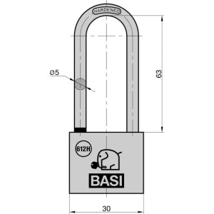 Technische Zeichnung: Basi Vorhangschloss Set, 30mm breit, 63mm Bügelhöhe, Messinggehäuse mit Wasserstop.