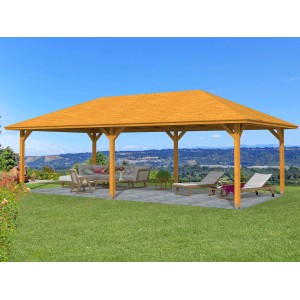 Holz-Pavillon Orleans 3, eiche hell lasiert, 424x836 cm. Gartenlaube mit robuster Leimholz-Konstruktion.