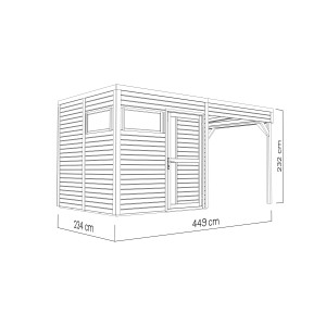 Illustration des Bertilo Holz-Gartenhauses Cubus 2 Lounge in Anthrazit, 449x234 cm, mit Maßen.