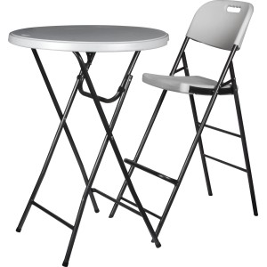 Klappbarer, grauer Perel Barhocker mit Rückenlehne und Bistrotisch mit schwarzem Gestell.