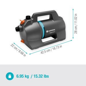 Gardena Gartenpumpe 4100 Silent: Graue Pumpe mit Tragegriff und blauen Akzenten. Ideal für Gartenbewässerung.