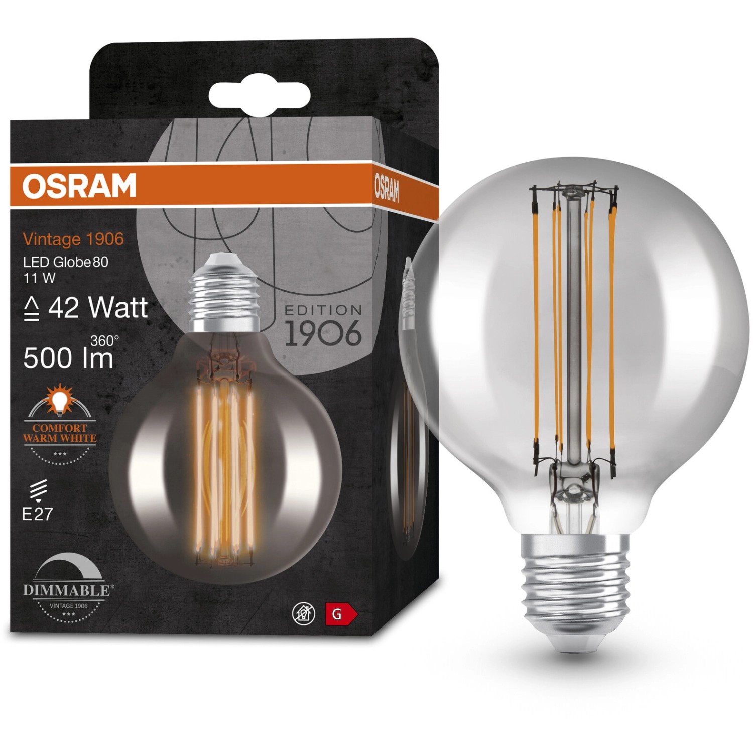 Osram LED-Leuchtmittel E27 Globe, 11W, warmweiß, 500lm, 12x8cm. Dimmbare LED Lampe in Globeform.
