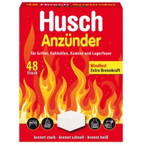 Husch Kohleanzünder, 48 Stück, für Grill, Ofen, Kamin & Lagerfeuer. Windfest mit extra Brennkraft.