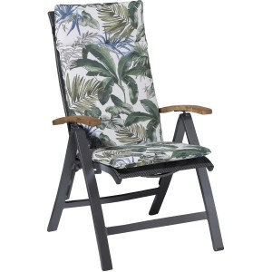 Madison Hochlehner Auflage Outdoor Bliss Blue mit tropischem Muster auf Gartenstuhl.
