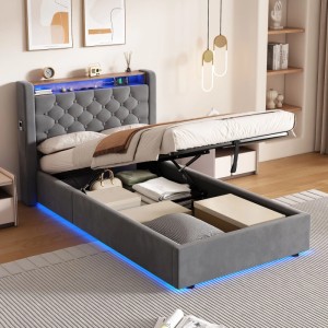 okwish Polsterbett mit LED-Beleuchtung Jugendbett 90x200cm Dunkelgrau