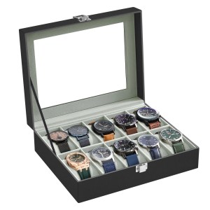 Schwarze Songmics Uhrenbox Bridie mit 10 Fächern und Glasdeckel zur Aufbewahrung von Uhren.
