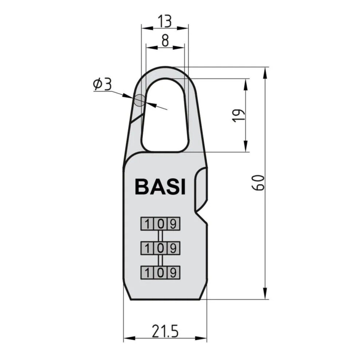 Technisches Diagramm Basi Kofferschloss KS 615. Zeigt Maße, 3-stellige Zahlenkombination und BASI Logo. Ein Vorhängeschloss für Gepäck.