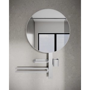 Ideal Standard Beauty Bar Kosmetikspiegel-Set L800 in Silber mit Spiegel, Ablage, Becher und Handtuchhalter.