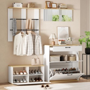 Merax Garderoben Set mit Spiegel Schuhschrank Schuhbank Weiß Holzoptik