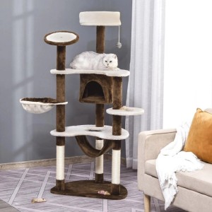 Großer PawHut Kratzbaum XXL mit Katzenhöhle, Hängematte, Plüsch-Liegeflächen in Braun/Beige.