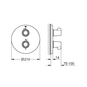 Technische Zeichnung: Grohe Grohtherm Special Thermostat-Brausebatterie in Chrom mit Maßangaben.