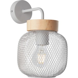 Helle, graue Brilliant Wandleuchte Giada mit Holzapplikation und modernem Gitter.